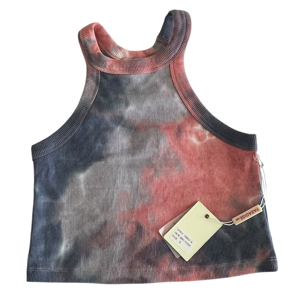 NWT Paradise USA High Neck Tie-Dye Crop Tank Top | Size Small Pink Purple